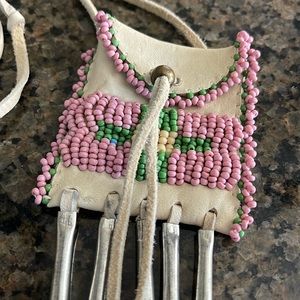 Native American Leather Medicine pouch. Hand beaded in pink and green.